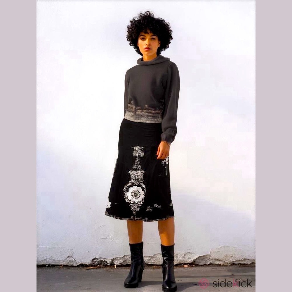 Vtg Y2K 90’s Cotton Festive Pearl Beaded Floral Black Embroidered Midi Skirt 12
